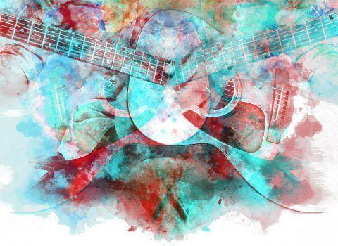 Abstract beautiful man playing Guitar in the foreground on Watercolor painting background and Digital illustration brush to art.